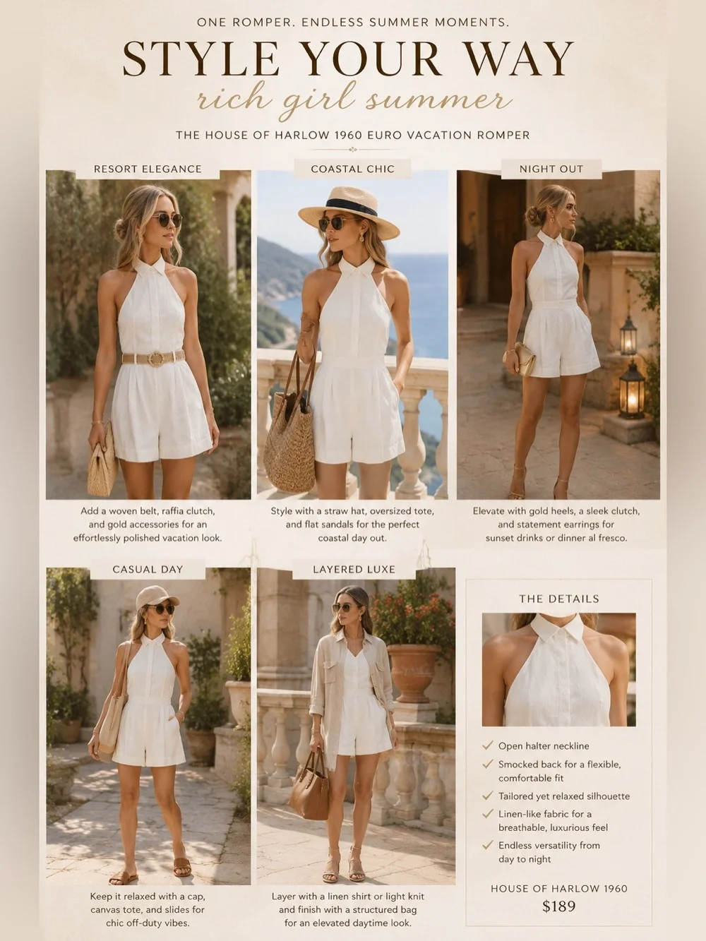 SOLD✨ Rich Girl Summer Romper | House of Harlow 1960 Cream Halter • Euro Resort - Picture 3 of 6